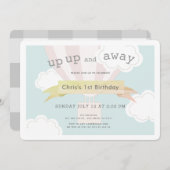 ピンク色の熱気球が上がり遠くに1歳の誕生日 招待状 (正面/裏面)