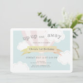 ピンク色の熱気球が上がり遠くに1歳の誕生日 招待状 (スタンド正面)