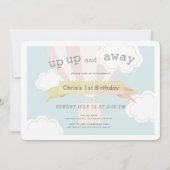 ピンク色の熱気球が上がり遠くに1歳の誕生日 招待状 (正面)
