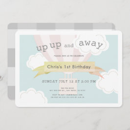 ピンク色の熱気球が上がり遠くに1歳の誕生日 招待状