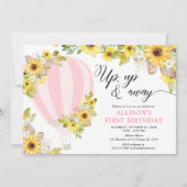 ピンク色の熱気球のヒマワリの誕生日 招待状 (正面)