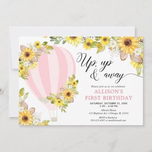 ピンク色の熱気球のヒマワリの誕生日 招待状 (正面)