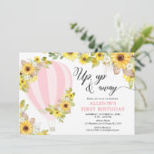 ピンク色の熱気球のヒマワリの誕生日 招待状 (スタンド正面)