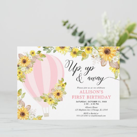ピンク色の熱気球のヒマワリの誕生日 招待状 (スタンド正面)