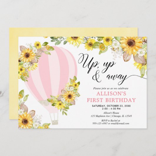 ピンク色の熱気球のヒマワリの誕生日 招待状 (正面/裏面)