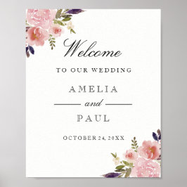 ピンク色の牡丹が歓迎の結婚サイン ポスター