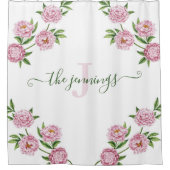 ピンク色の牡丹モノグラムのシャワーカーテン シャワーカーテン (正面)