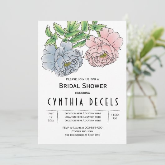 ピンク色の牡丹結婚の花のブライダルシャワー 招待状 (スタンド正面)