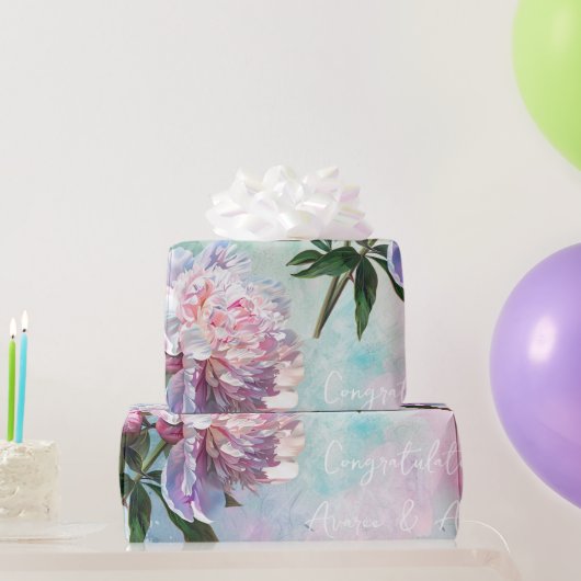 ピンク色の牡丹(青/ピンク結婚/シャワー) ラッピングペーパー (パーティーギフト)