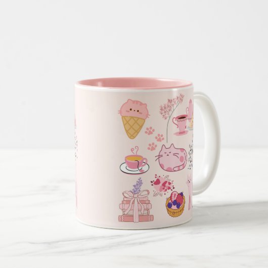 ピンク色の猫たちの居心地 ツートーンマグカップ (正面右)