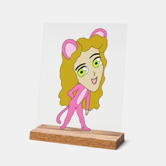 ピンク色の猫 アクリルサイン (傾斜)