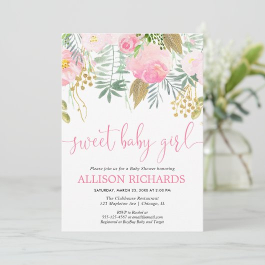 ピンク色の甘い赤ちゃんと金ゴールド花模様のベビーシャワー 招待状 (スタンド正面)