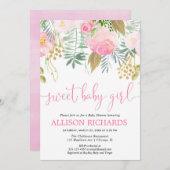 ピンク色の甘い赤ちゃんと金ゴールド花模様のベビーシャワー 招待状 (正面/裏面)