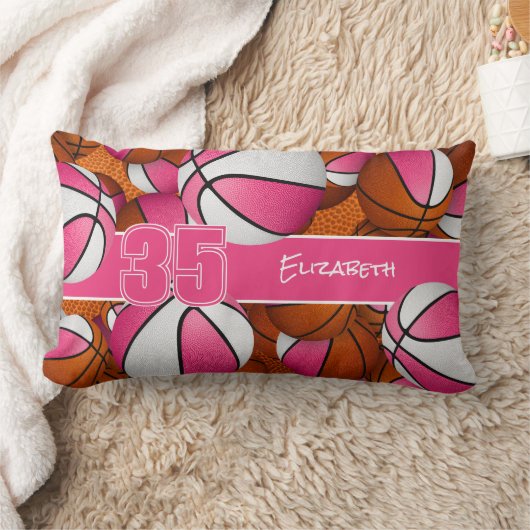 ピンク色の白いたくさんのバスケットボールの女の子スポーツルーム ランバークッション (ブランケット)