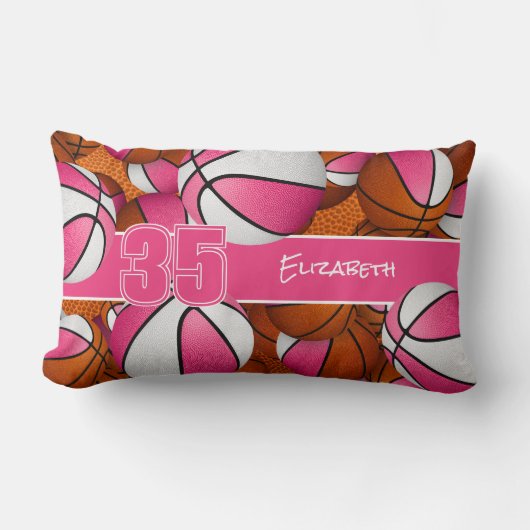 ピンク色の白いたくさんのバスケットボールの女の子スポーツルーム ランバークッション (正面)