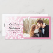 ピンク色の白いスノーフレーク初めてのクリスマスを一緒に シーズンカード (正面/裏面)
