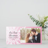 ピンク色の白いスノーフレーク初めてのクリスマスを一緒に シーズンカード (スタンド正面)