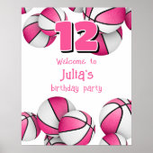 ピンク色の白いバスケットボールの女の子の誕生日パーティー ポスター (正面)