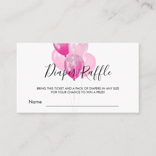 ピンク色の白いバルーン女の子の赤ちゃんシャワーおむつラッフル エンクロージャーカード (正面)