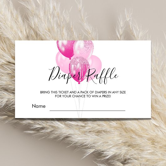 ピンク色の白いバルーン女の子の赤ちゃんシャワーおむつラッフル エンクロージャーカード