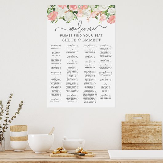ピンク色の白いフローラの結婚アルファベットの座席 ポスター (キッチン)