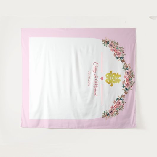 ピンク色の白いフローラ中国の結婚アーチの背景 タペストリー (正面(横))