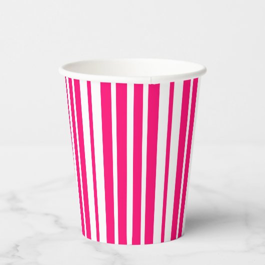 ピンク色の白い垂直ストライプパターンデザイン 紙コップ (右)
