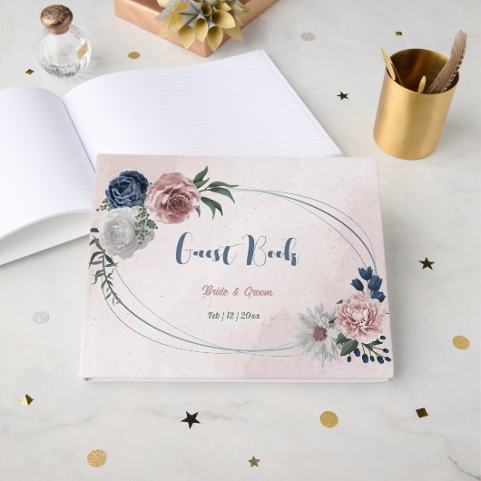 ピンク色の白い海軍の花は緑結婚色 ゲストブック (正面見開き)