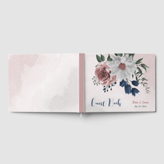 ピンク色の白い海軍の花は緑結婚色 ゲストブック (全面)