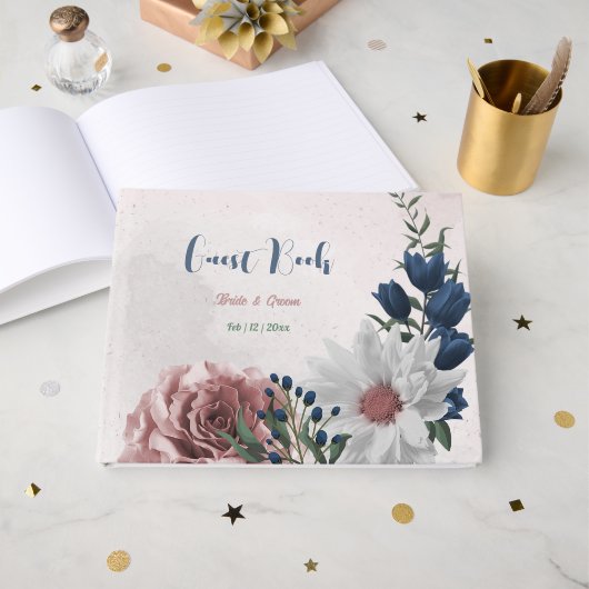 ピンク色の白い海軍の花は緑結婚色 ゲストブック (正面見開き)