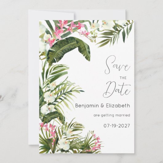 ピンク色の白い熱帯の蘭の花の保存日付 招待状 (正面)
