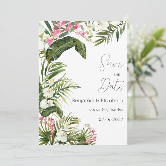 ピンク色の白い熱帯の蘭の花の保存日付 招待状 (スタンド正面)