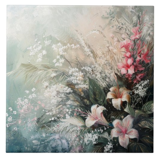 ピンク色の白い熱帯フローラ タイル (正面)