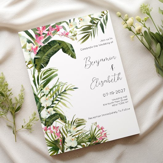 ピンク色の白い熱帯性のラン結婚キの花 招待状