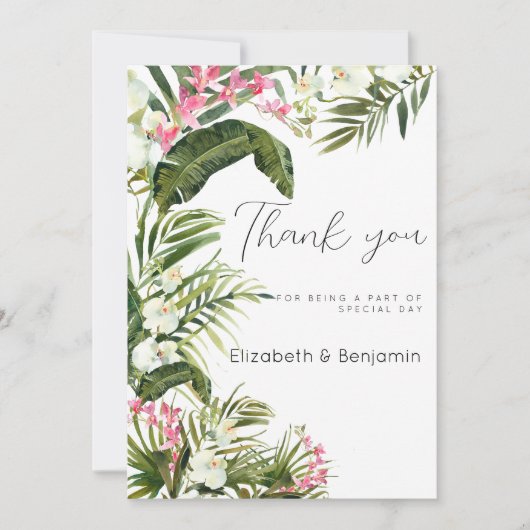 ピンク色の白い熱帯蘭の花ありがとう 招待状 (正面)