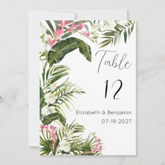 ピンク色の白い熱帯蘭の花のテーブル番号 招待状 (正面)