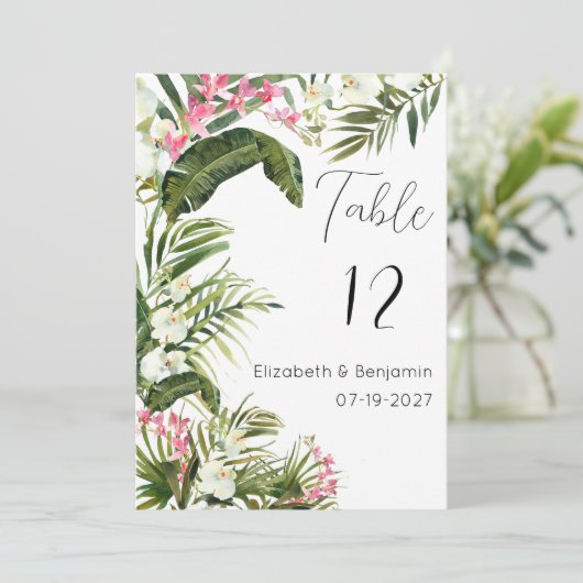 ピンク色の白い熱帯蘭の花のテーブル番号 招待状 (スタンド正面)