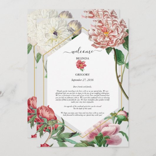 ピンク色の白い牡丹の花結婚の旅程 プログラム (正面/裏面)