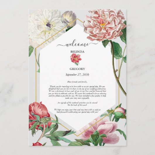 ピンク色の白い牡丹の花結婚の旅程 プログラム (正面)