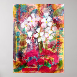 ピンク色の白い花のポットポスタープリント ポスター