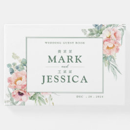 ピンク色の白い花バイリンガル中国の結婚ズ ゲストブック