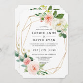 ピンク色の白い花バラ金ゴールド結婚すべて 招待状 (正面/裏面)