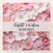 ピンク色の白い花結婚は ガラスコースター (正面)