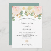 ピンク色の白い花金ゴールド結婚の緑 招待状 (正面/裏面)