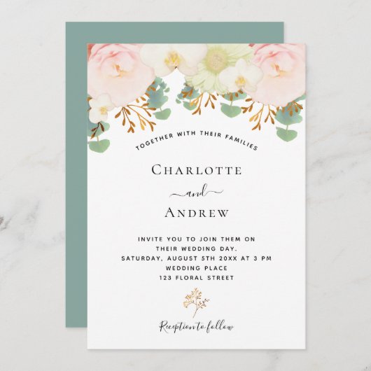 ピンク色の白い花金ゴールド結婚の緑 招待状 (正面/裏面)