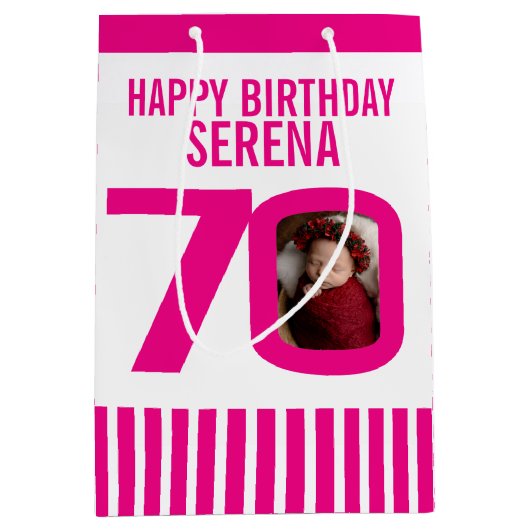 ピンク色の白い誕生日抱き枕 ミディアムペーパーバッグ (正面)