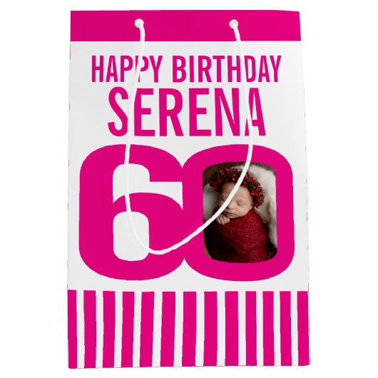 ピンク色の白い誕生日抱き枕 ミディアムペーパーバッグ (正面)