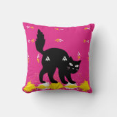 ピンク色の白い黄色の可愛いペットの黒猫モダン クッション (正面)