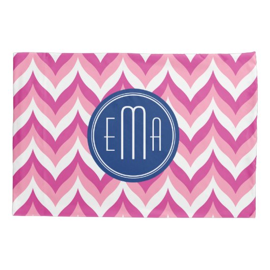 ピンク色の白と青のジグザグシェブロンパターン 枕カバー (裏面)