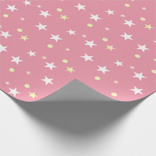ピンク色の白と黄色と星 ラッピングペーパー (角)